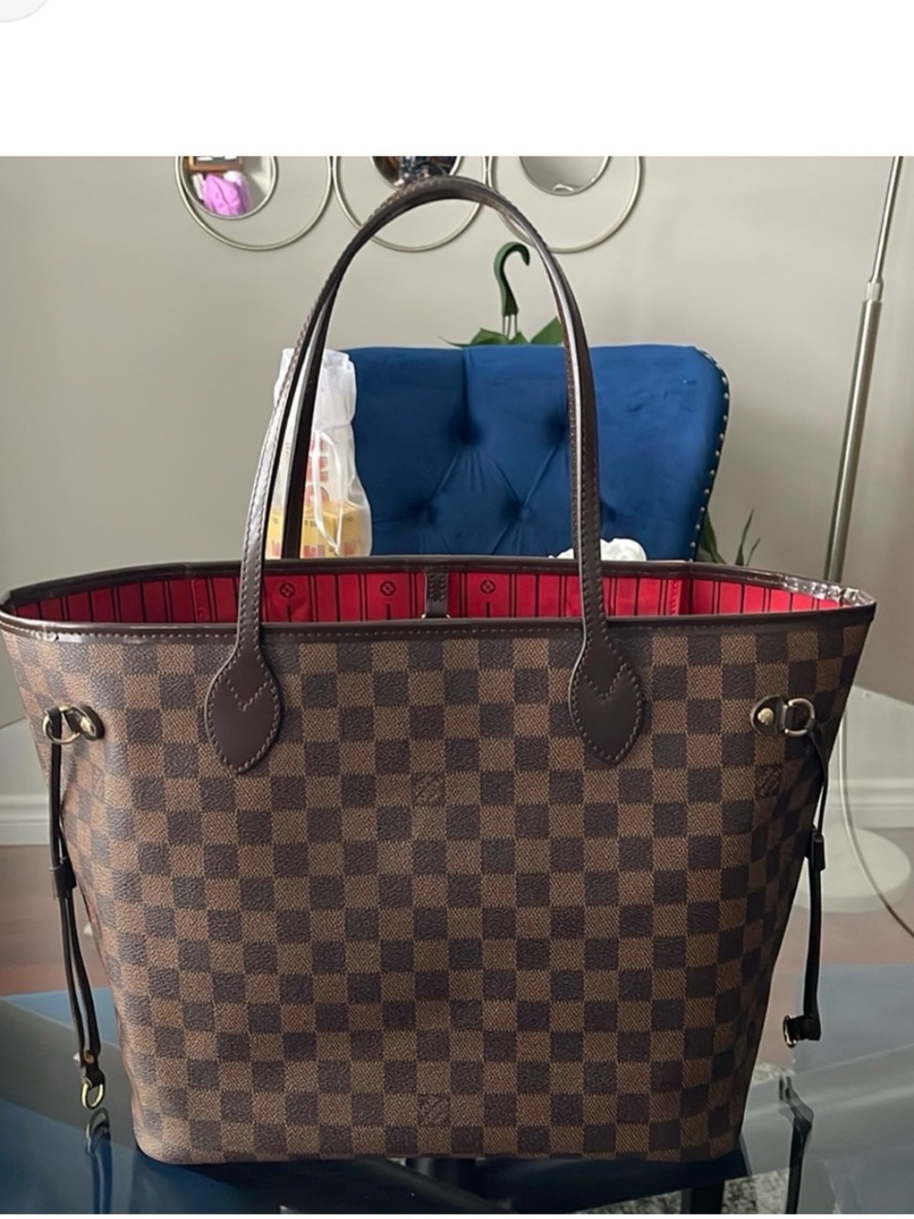Louis Vuitton Damier Ebene Tote with Red Interior